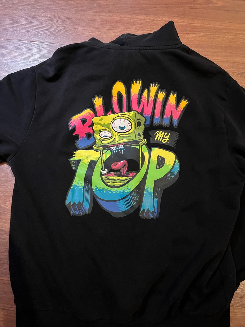 Divided Black Tee with Neon Cartoon Graphic Blowin my Top